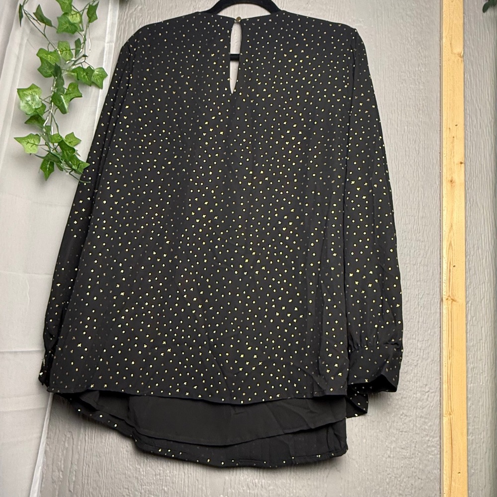 Ava & Viv Womens 1X Black Gold Foil Polka Dot Long Sleeve Blouse Keyhole Back - Picture 2 of 9